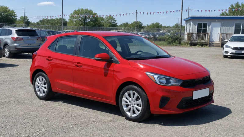 A red hatchback photographed on a used-car lot, other cars and a fence behind it.