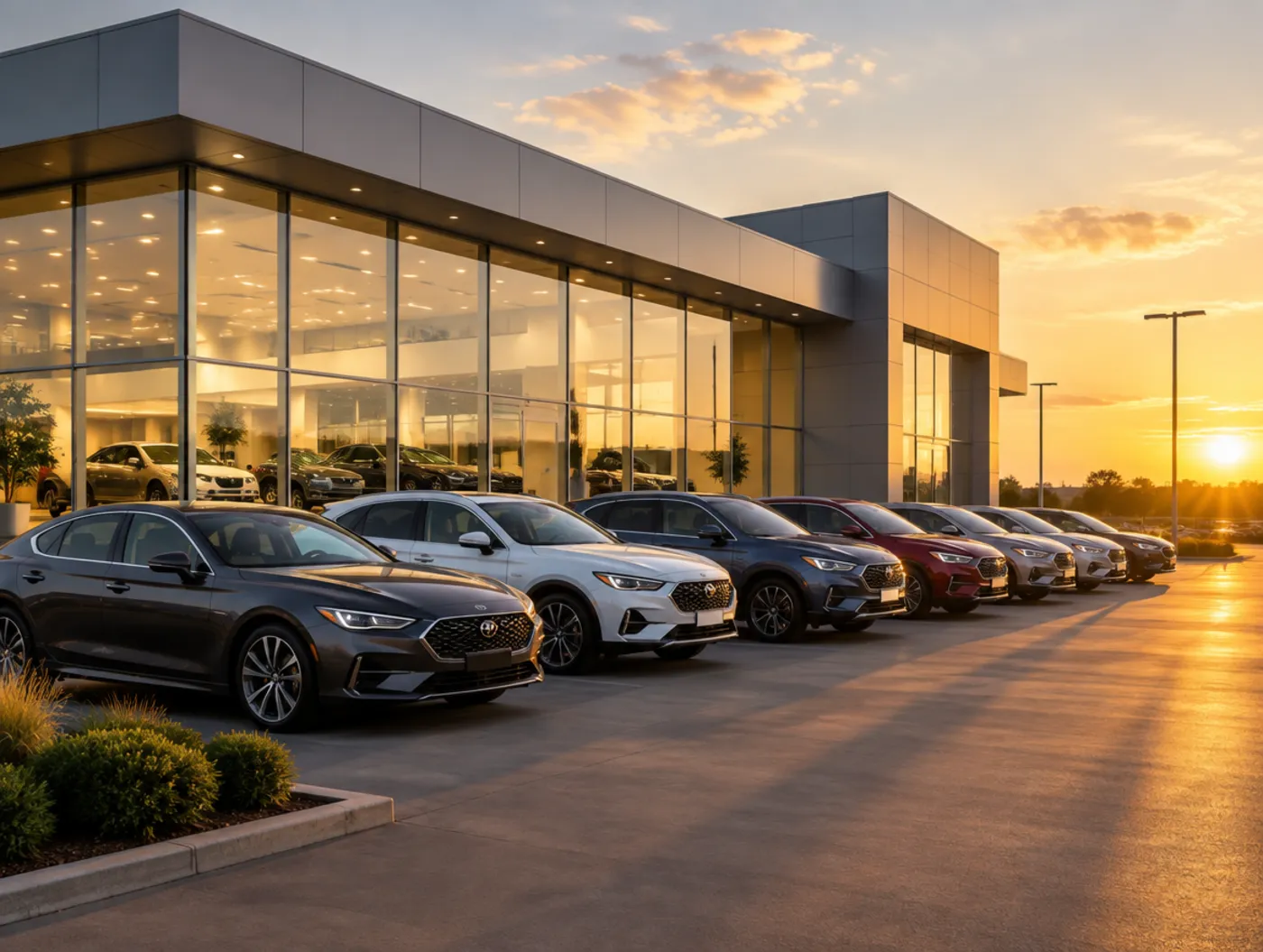 A franchise dealership forecourt at golden hour, a row of cars in front of the showroom.