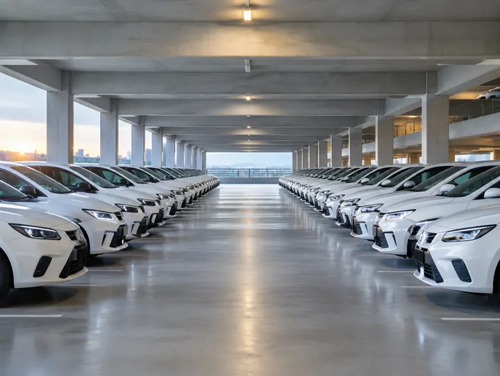 Rows of identical white rental cars in a parking structure.