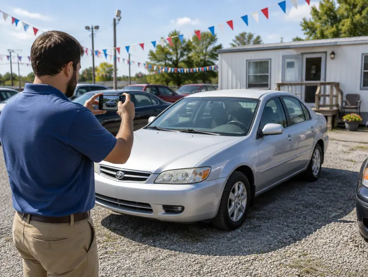 A seller photographing a sedan on an independent lot with a phone.