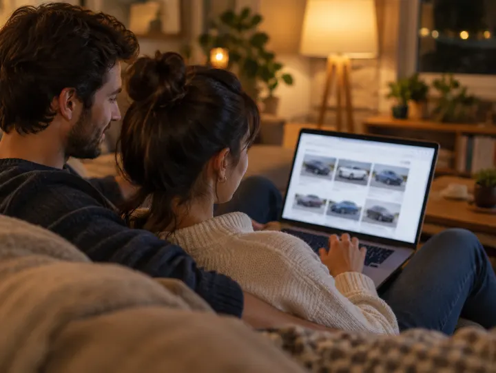 Two people browsing car listings on a laptop.