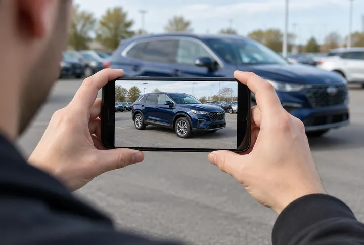 Hands photographing an SUV with a phone.